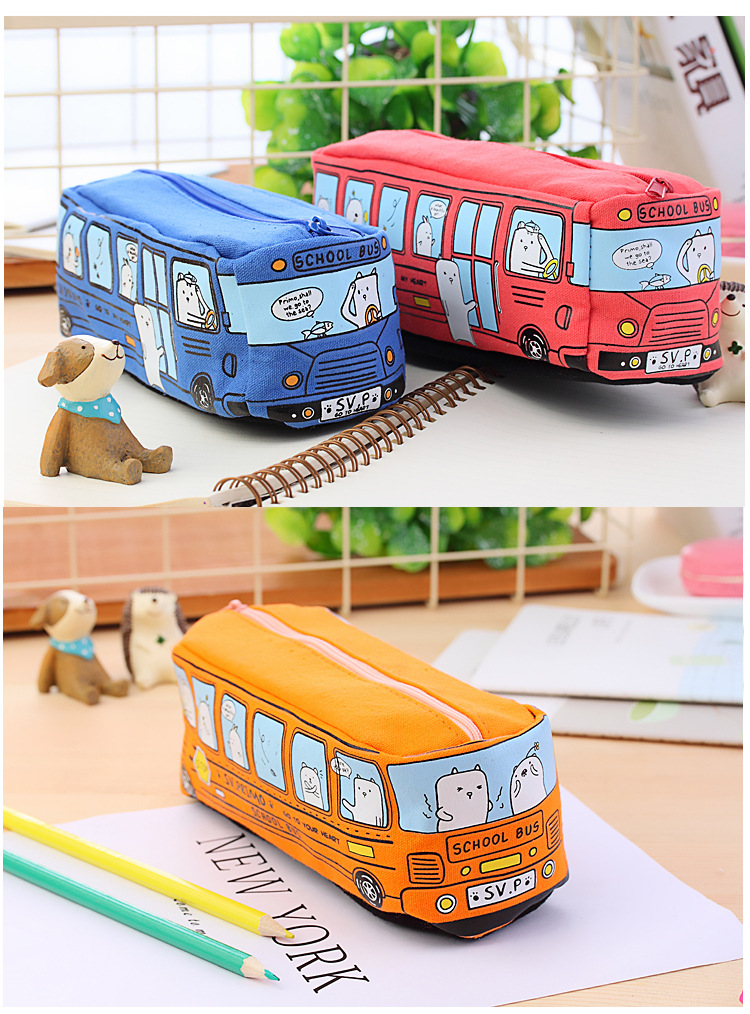 Large Capacity Cartoon Bus Canvas Pencil Case For School Students - 12