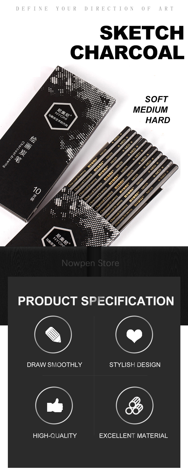 Nyoni N8129 Hexagonal Basswood Charcoal Pencils 10pcs Softmediumhard Unbreakable Art - 7