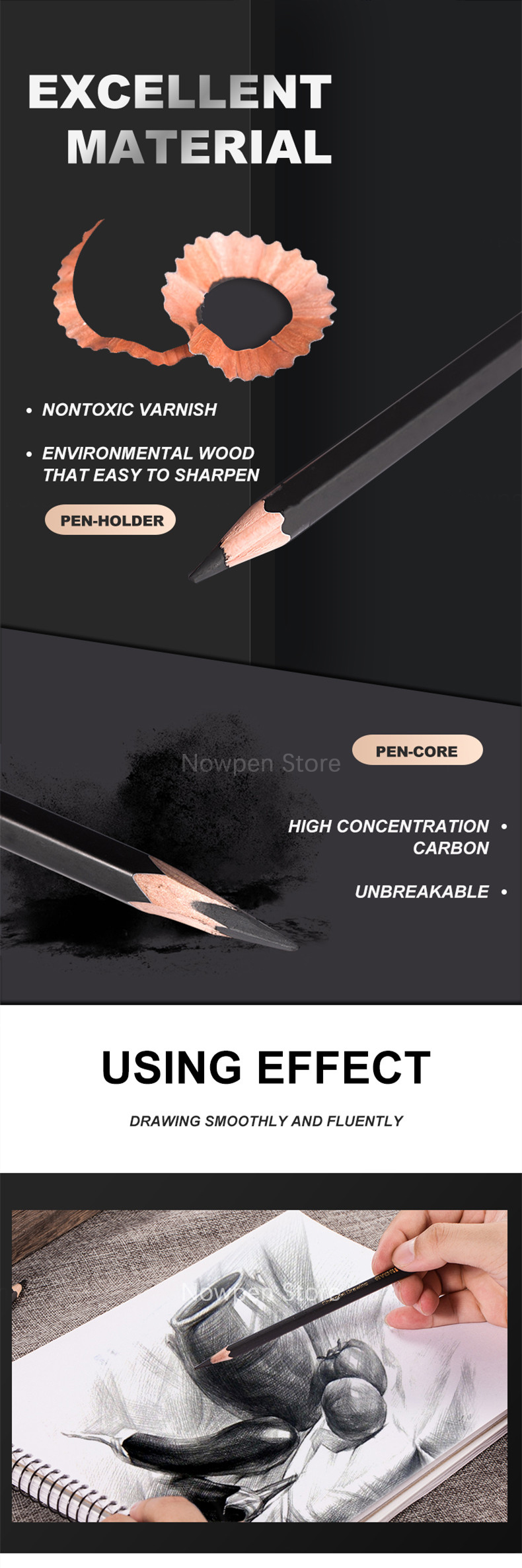 Nyoni N8129 Hexagonal Basswood Charcoal Pencils 10pcs Softmediumhard Unbreakable Art - 9